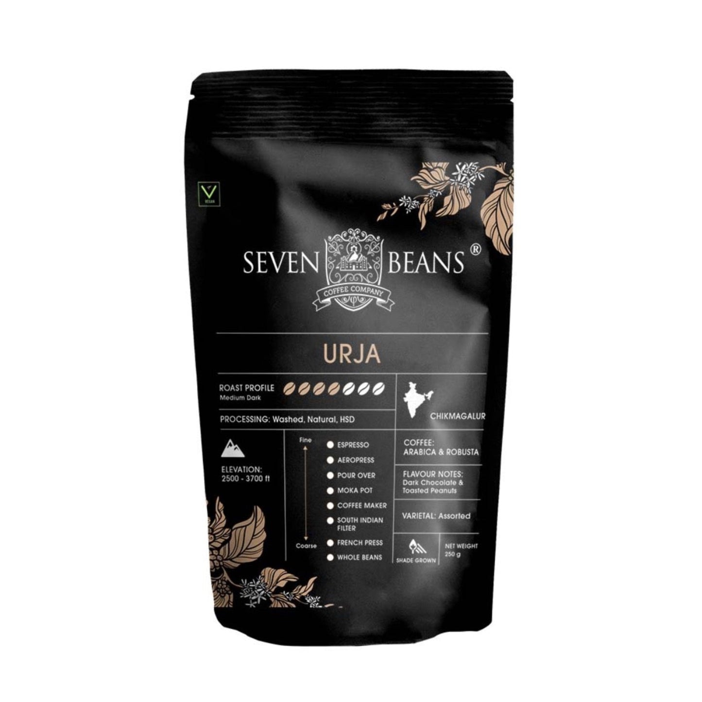 Urja – Medium Dark Roast Coffee | Arabica & Robusta Blend | Dark Chocolate & Roasted Peanut Notes